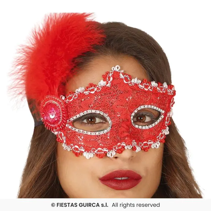 Red Masquerade Eye Mask with Feathers