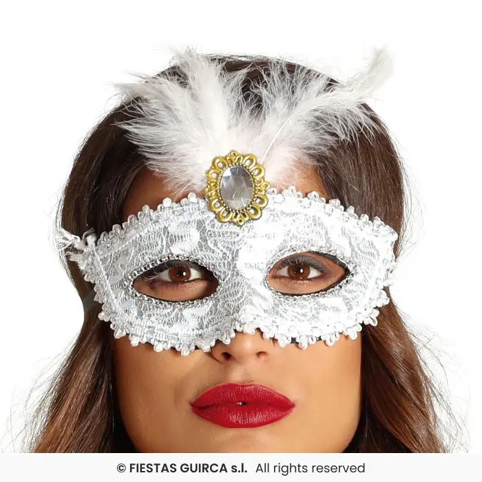 White Masquerade Eye Mask with Feathers