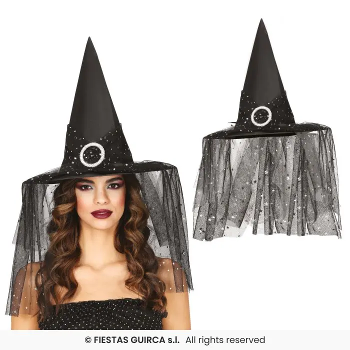 Witch Hat with Veil & Stars