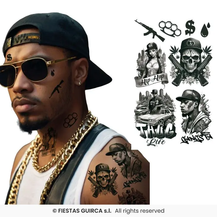 Thug Life Temporary Tattoo Sheet, 14x30 cm