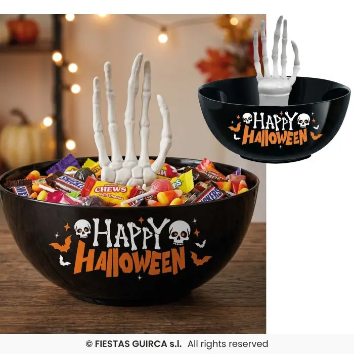 وعاء حلوى Happy Halloween مع يد هيكل عظمي - 25 سم