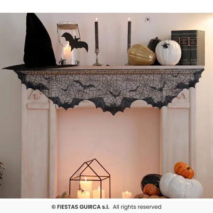 Black Lace Bats Mantel Scarf, 200x50 cm