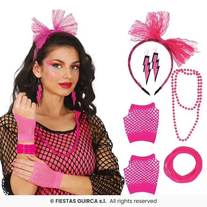 80s Neon Accessory Set, 5 Pieces - Pink