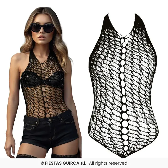 Black Fishnet Bodysuit with Rhinestones - Adult