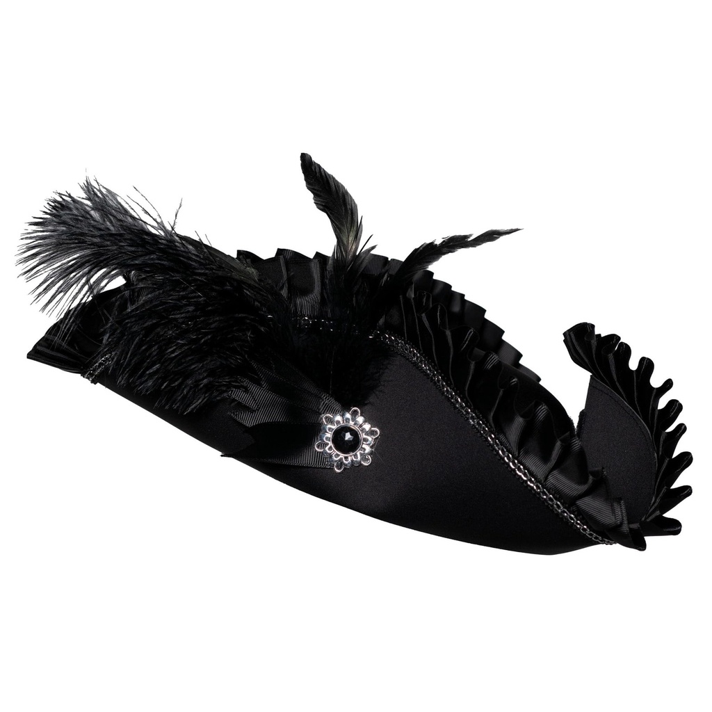 Black Tricorn Hat with Pleated Trim