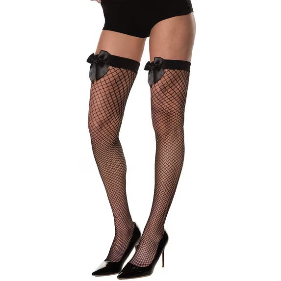 Thigh-High Fishnet Stockings with Satin Bow