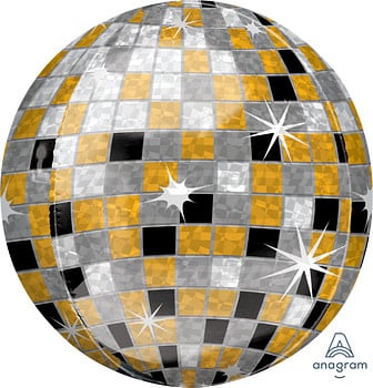 [00284714] 16 Inch Orbz Balloon- Gold, Silver, Black Disco Ball