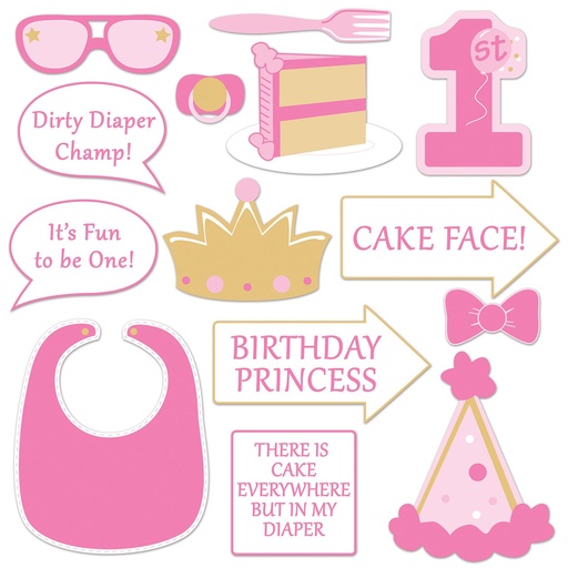 [00214131] 1st Birthday Girl Photo Fun Signs 3Inch-10Inch 14/pk First Birthday Girl