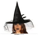 BLACK WITCH HAT WITH FLOWER & VEIL