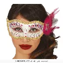 White Venetian Eye Mask with Pink Feathers