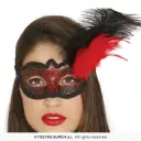 Decorated Red Masquerade Eye Mask with Feather